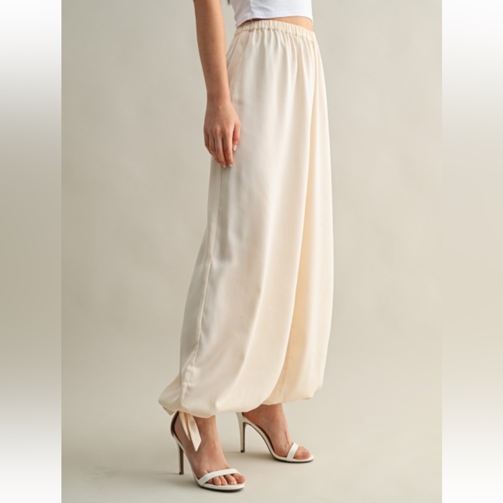 A244. Cream Satin Adjustable Tie Hem Detail Wide Leg Pants - Picture 3 of 6